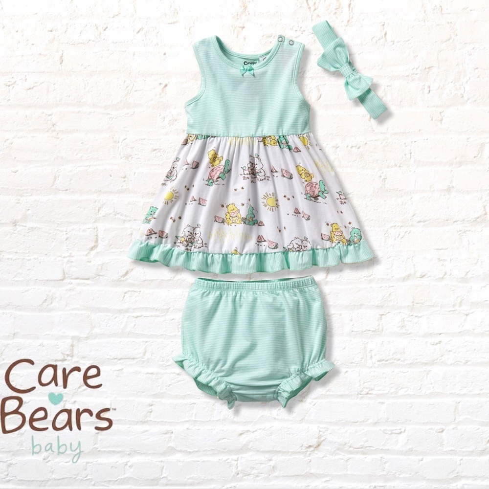 Care Bears Baby Dress, Bloomers, Headband Set Aqua White Size 0-3 / 3-6 months